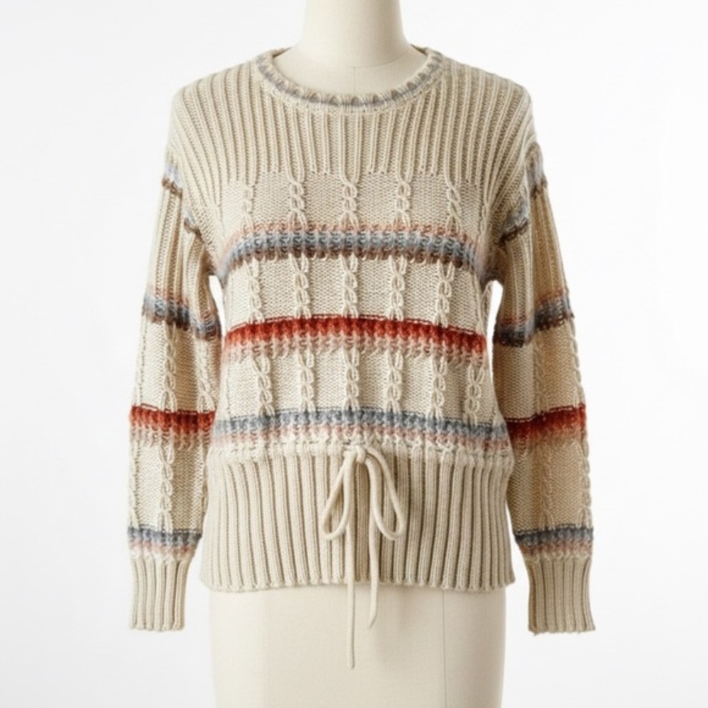 Vintage 80s Chunky Cable Knit Striped Drawstring Waist Sweater Cream Medium
